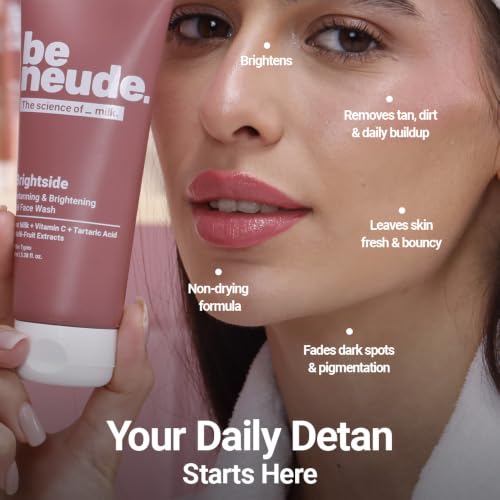 Image of Be Neude Brightside 100ml Detan & Brightening Gel Face Wash with Goat Milk, Vitamin C & Tartaric Acid for Dark Spot Removal, Pigmentation & Glow, Face Wash for Men & Women
