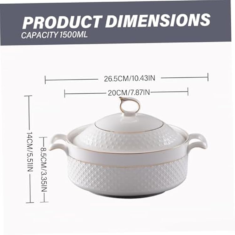 Tureens, Soup Tureen Ceramic, 1.5L White Serving Bowls with Gold Border Double Handle Soup Tureen with Lid and Ladle Set for Pasta