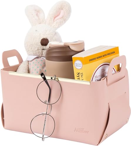 Image of Leather Portable Small Storage Basket for Desktop, Rectangle Decorative Box with Two Handles for Organizing, Storage Bin for Snack Sundries Cosmetics Stationery, 9.45''L5.5''W5.12''H (Pink)