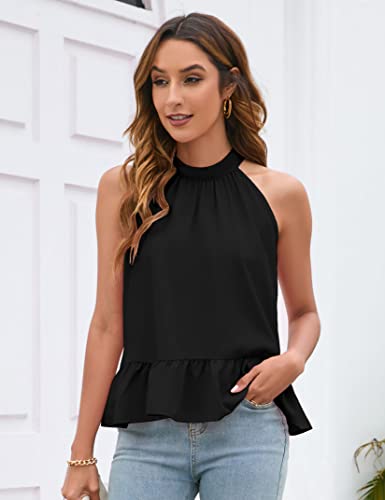 Clearflower Womens Halter Tank Tops Ruffle Hem Summer High Neck Pleated Sleeveless Cami Shirts Tops B-04-Black Xl #TOP1
