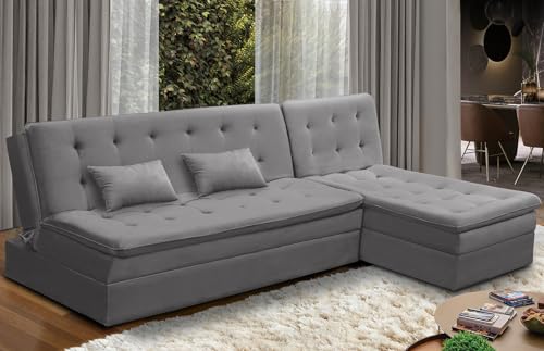 Sofá Cama King 5 Lugares 2,70m Alice Suede Cinza Adonai Estofados