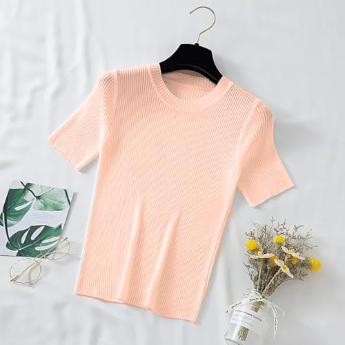 Image of Istyle Can Plain Round Neck Rib Knit Regular Top for Women (in, Alpha, S, Regular, Peach)