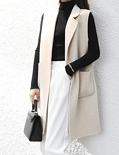 Puwei Women's Notched Lapel Outerwear Vest Sleeveless Pocket Midi Wool Blazer Jacket(1914-Beige-S) #TOP1