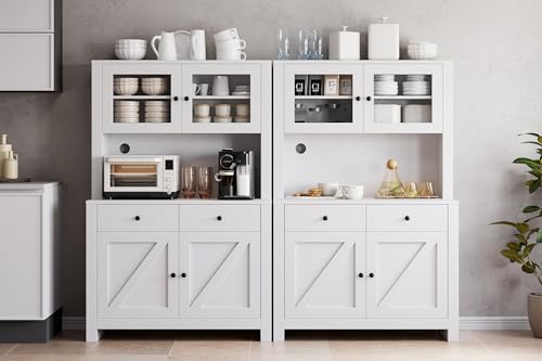 Image of IDEALHOUSE Modern Kitchen Pantry Cabinet, Microwave Storage Stand, Engineered Wood Food Organizer Cabinet with Multi Compartments, for Home Kitchen Dining Area, White Wood Grain