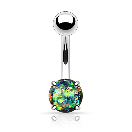 {Dark Green} Synthetic Opal Glitter Prong Set Surgical Steel Belly Button Ring (Sold Ind.)
