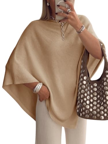 Saodimallsu Womens Poncho Sweater Boat Neck Batwing Sleeve Fall Trendy Casual Knit Pullover Cape Shawl Tops Khaki