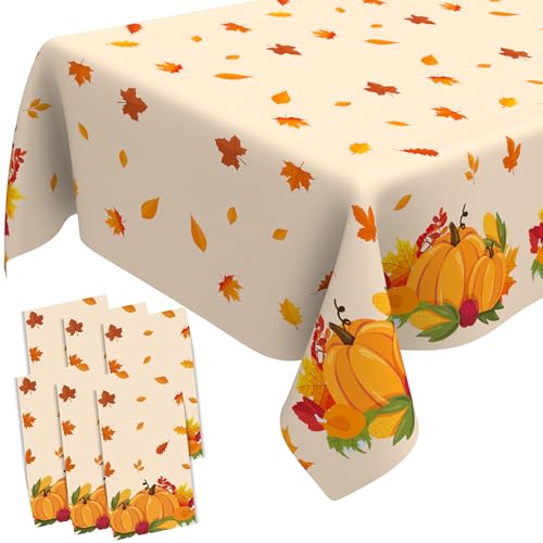 Image of 6 Pack Thanksgiving Tablecloth Plastic, Fall Table Cloths, Disposable Rectangle Pumpkin Maple Leaves Autumn Tablecloth Decor Table Cover for Autumn Fall Thanksgiving Home Party Decorations, 54 inchx108 inch