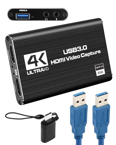4K HDMI Audio Video Capture Card, USB 3.0 Full HD 1080P/60FPS 2K/30fps Game Capture Cards Device for Live Streaming Broadcasting Recording Compatible with PS5 Switch Camera OBS Mac Linux Windows