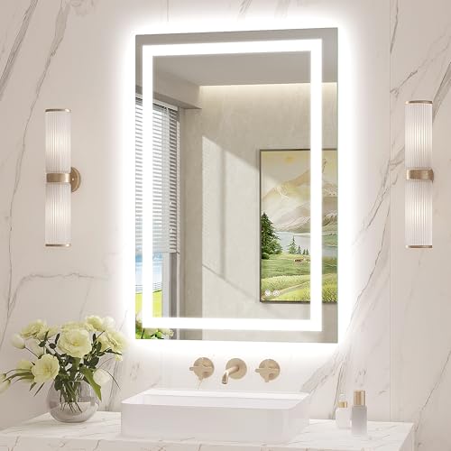 Twalsu Espejo LED para baño de 24 x 36 pulgadas, espejos de tocador de baño iluminados con luces, espejo antivaho iluminado frontal y retroiluminado, vidrio templado, modos de luz regulables de 3