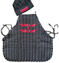 GRILLIN & CHILLIN APRON PLUS CHEFS HAT BARBEQUE GIFT SET BLACK & WHITE STRIPE APRON WITH 3 POCKETS BLACK CHEF HAT COMMERCIAL OUTDOOR KITCHEN QUALITY FOR MEN AND WOMEN