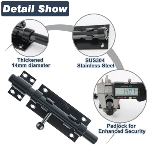 Image of Alise Slide Lock SUS304 Stainless Steel Gate Latch, Slide Bolt Latch,Thickened Heavy Door Latch Lock,10 Inch Black Barrel Bolt Latch, Security Slide Latch Lock
