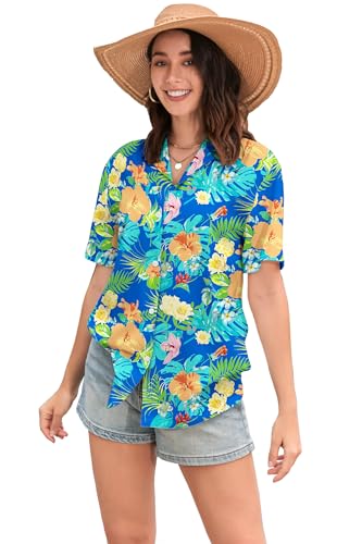 Image of SANGTREE Girls & Women's Hawaiian Shirts Button Down Short Sleeve Floral Tropical Shirt Beach Vacation Blouse Tops