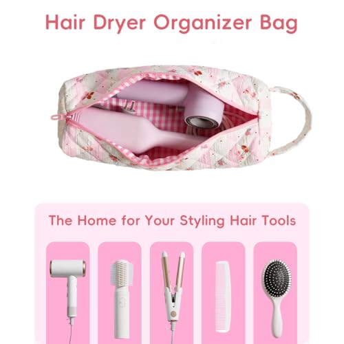 Image of HANNEA Hair Tools Organizer Bag with Cherry Pattern for Airwrap Style, Flat Irons, Hair Dryers and Styling Tools, Portable Hair Dryer Bag Case, Pink