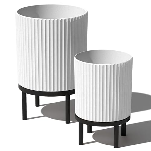Image of Veradek Demi Series Raised Duo Planters - Set of 2 Planters with Stands | Made From a Durable Plastic-Stone Composite & Comes With Wooden Stand. Modern Porch /Patio Decor