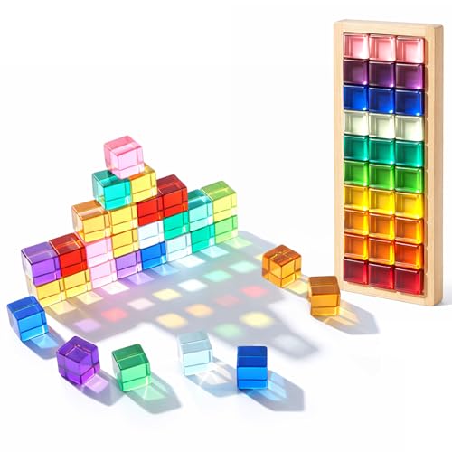 Image of Meooeck 30 Pcs Colored Cube Gem Blocks with Wooden Storage Box, Translucent Rainbow Acrylic Building Stacking Sensory Train Prism Toys for Toddler Kids Montessori School Classroom Supplies