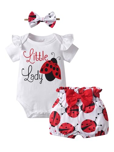 Joureker Baby Girl Summer Outfit Set Ruffle Tops Short Sleeve Cute Print + Shorts, White, 6-9 Months