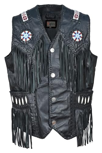Image of Men's Western Cowhide Suede & Leather Vest - Beaded Fringe Yoke & Back Native-Inspired Cowboy Biker Vest