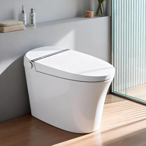 EIYHOME Smart Toilet,One Piece Toilet with Auto Open Close, Auto Flush, Foot Sensor Operation, Heated Seat，Warm Water & Dryer，Night Light，LED Display,White Remote Control