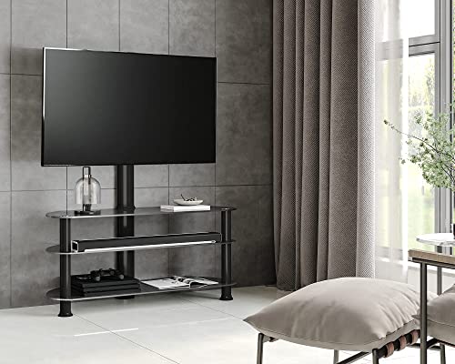 Fitueyes Tall Swivel Floor Tv Stand With Mount 3-Tier Media Stand Flat Panel Height Adjustable Glass Entertainment Stand For 32-65 Inch Plasma Lcd Led Qled Flat/Curved Screen Tv, Vesa 400X600Mm #TOP3