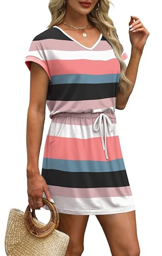 Image of OFEEFAN Summer Dresses for Women 2026 V Neck T Shirt Casual Mini Dresses Tie Waist Sundresses with Pockets