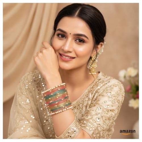 Image of SUNDRAM Women's Premium Fancy Glass Bangles for Women & Girls |with Zircon Gemstone Work & Charm| Traditional Ethnic Bangles Set of 12