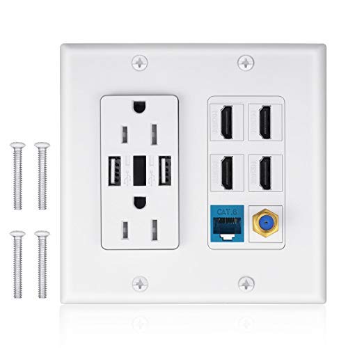 2 Power Outlet 15A with Dual 2.4A USB Charger Port Wall Plate with LED Lighting, IQIAN 4 HDMI HDTV + 1 CAT6 RJ45 Ethernet + Coaxial Cable TV F Type Keystone Face Plate White