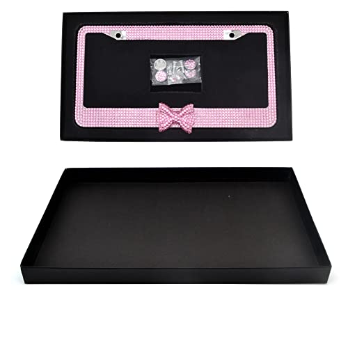 Betrong Glitter Rhinestones Crystal Sparkly Pink License Plate Frames Holder With Bow Premium Stainless Steel Covers For Women,Come With Box #TOP5