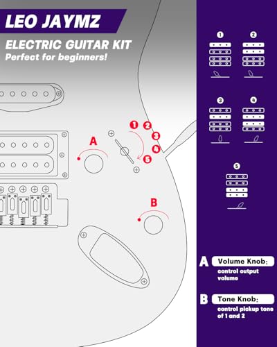 Leo Jaymz 39\" Full Size ST Style Electric Guitar Starter Kit with SSH Pickup, 5W Portable Amp, Tuner, Gig Bag, Strap & Accessories (Violet Flame) - Thumbnail 7