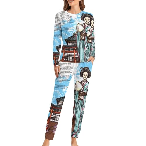 Pyjama femme ensemble japon t-shirt manches longues et pantalon pour nuits froides sans transpirer