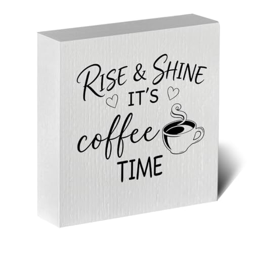 Farmhouse Coffee Bar Sign 5x5 Inch - "RISE & SHINE IT'S COFFEE TIME" Rustic Coffee Bar Decor, Farmhouse Style Shelf/Tabletop Decoration for Kitchen Café