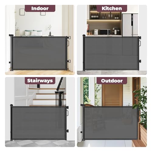 Image of Retractable Baby Gates 2 Pack, 55 inch Wide Mesh Dog Gate Indoor | 34 inch Tall Gate for Stairs Doorways Hallways Deck, Child Pet Safety Gate for Indoor Outdoor Home Use, Black