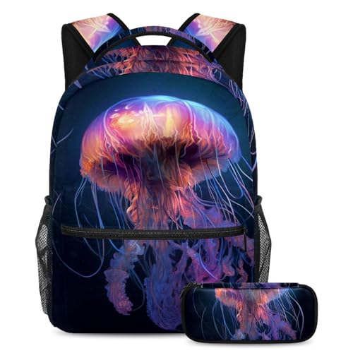 Cartables méduse violet océan grand sac anti-cahiers cornés et sa trousse d'école assortie
