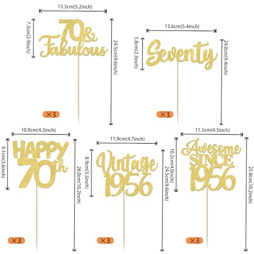 Image of 15 PCS 70th Birthday Centerpiece Sticks Double Sided Seventy Happy 70th Vintage 1956 Table Flower Centerpieces Sticks Cheers to 70 Fabulous Floral Decorations for 70th Birthday Party Supplies Gold