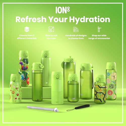 ion8 1 Liter Trinkflasche, 1000ml, Auslaufsicher, Einhandöffnung, Sichere Verriegelung, Spülmaschinenfest, BPA-frei, Tragegriff, Leicht zu Reinigen, Ideal für Sport und Fitnessstudio, Grün