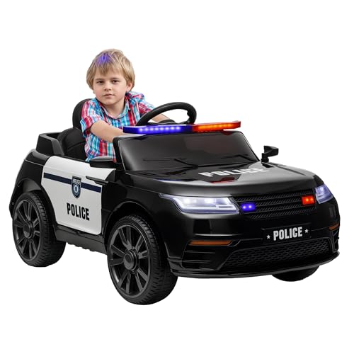 AIYAPLAY Coche Eléctrico para Niños de +3 Años Carro Eléctrico Infantil de Policía con Batería 12V 3-5km/h Mando a Distancia Faros Bocina Sirena Música y Rueda de Entrenamiento 112x66x50 cm Negro