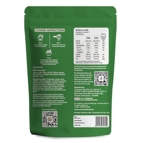 Image of Conscious Food Millet Noodles | 162g | Pack of 4 | No Preservatives | No Maida | No Msg | No Artificial Colors or Flavors, No Trans Fat & Cholesterol