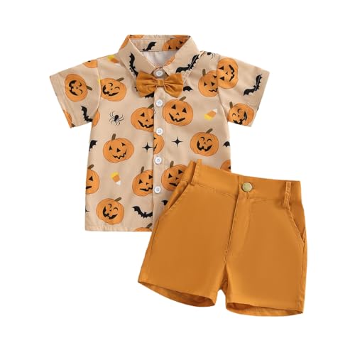 Image of Biayxms Baby Boy Halloween Outfits Pumpkins Gentlemen Suit Short Sleeve Button Up Shirts Shorts Pants Baby Halloween Clothes