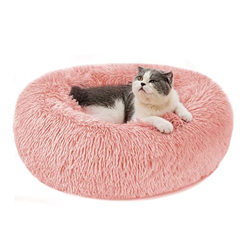 Nepfaivy Calming Dog Cat Donut Bed - 15.75in Fluffy Plush Puppy Kitten Cuddler Round Bed, Warm and Soft Pet Cosy Anti Anxiety Beds with Non-Slip Bottom and Washable (S-40CM, Pink)