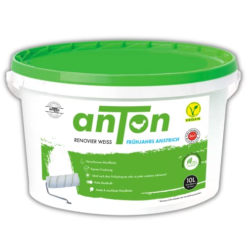 Anton Renovierweiß 10L | weiß | hohe Deckkraft | Expresstrocknung | für die perfekte Verteilung | für raue und glatte Untergründe | 50-60m² | natürlich vegan (10 Liters)