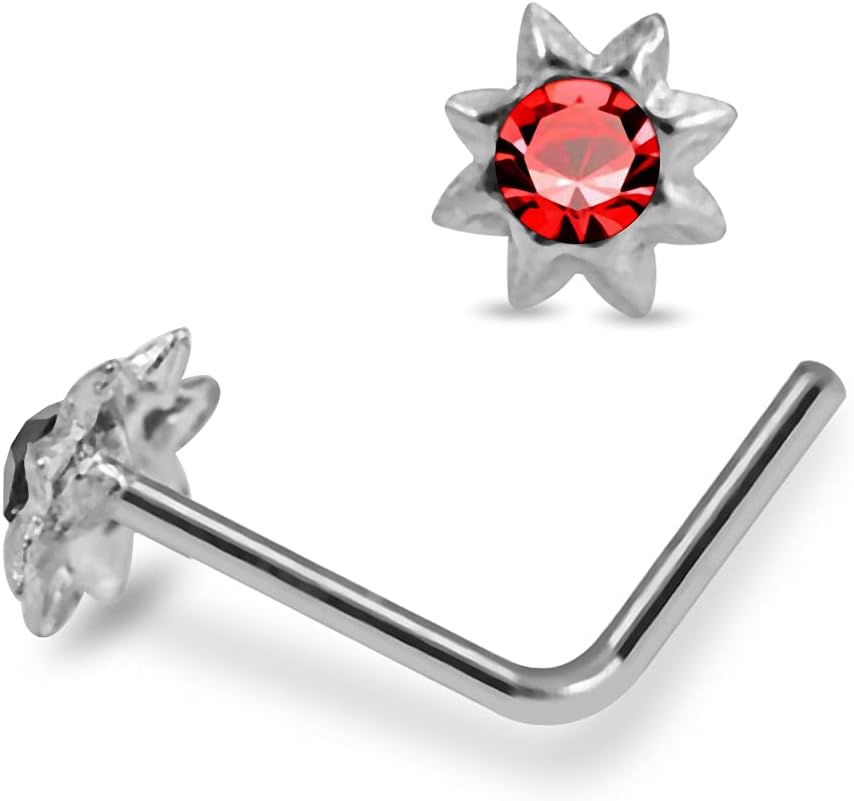 Crystal Stone Mini Sun 22 Gauge 925 Sterling Silver L Shape Nose Pin - Nose Stud - Tiny Nose Ring - Nose Piercing Body Jewelry