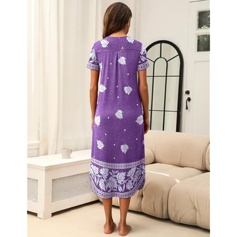 Ekouaer Long Nightgowns for Women House Dress Plus Size Sleepwear Pleated Full Length Loungwear S-4XL 상세이미지 4
