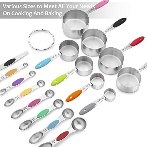 16 Pcs Stainless Steel Measuring Cups And Spoons Set, Yihong Metal Measuring Cups And Spoons With Silicone Handle For Cooking & Baking, Includes 8 Cups, 7 Spoons And 1 Leveler #TOP4