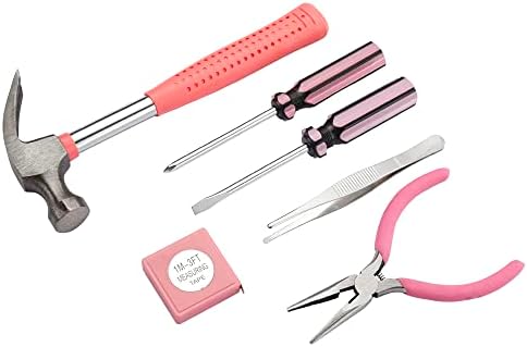 Household Hand Tools, Tool Set - 7 Piece by Trimate, Set Includes  Hammer, Screwdriver Set, Pliers (Tool Kit for The Home, Office, or Car) (Pink)