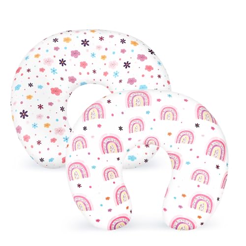 Image of Nursing Pillow Cover 2 Pack Soft & Adorable Slipcovers for Breastfeeding Pillows, Comfortable Stretchy Feeding Pillow Covers for Baby Girls Boys Newborn, Removable Pillow Case (Rainbow)