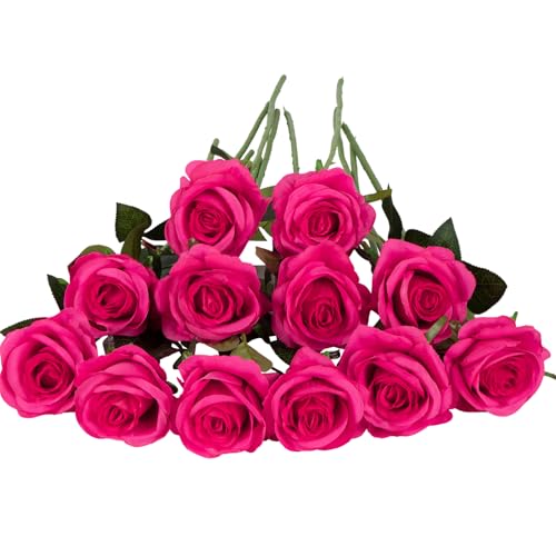Laelfe 12 Pcs Fleurs de Rose Artificielle Fushia, Longues Tiges Fausse Roses en Soie pour Bouquet de Mariée Douche Nuptiale Décorations de Jardin à la...