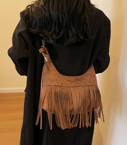Suede Fringe Crossbody Bag for Women Ladies Retro Stylish Small Tote Leather Shoulder Bag Casual Purse Handbag3