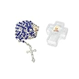 Handgefertigter Artikel DELL\'ARTE Religiose Schachtel für Rosenkranz zur Erstkommunion mit Rosenkranz und blauem Kristall 4 mm