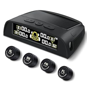 Tire Pressure Monitoring System – TPMS with Solar and USB Charger, 4 Tire Sensors and 6 Alarm Modes, Auto on/Off and Voice Prompt, TPMS with Color LCD Screen, for RV, Sedan, SUV, MPV, etc