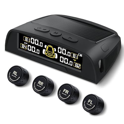 Tire Pressure Monitoring System - TPMS with Solar and USB Charger, 4 Tire Sensors and 6 Alarm Modes, Auto on/Off and Voice Prompt, TPMS with Color LCD Screen, for RV, Sedan, SUV, MPV, etc