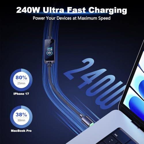 Image of Verilux PD 240W Type C Cable Fast Charging with TFT Color Screen, 480Mbps Data Cable C Type Fast Charging with Nylon Braided, Compatible for iPhone 17 /16 /15, Galaxy S26 /S25, MacBook, 1.2M
